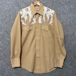 Mustang Western Shirt Mens 16-33 Tan Vintage 70s Pearl Snap Floral Embroidered